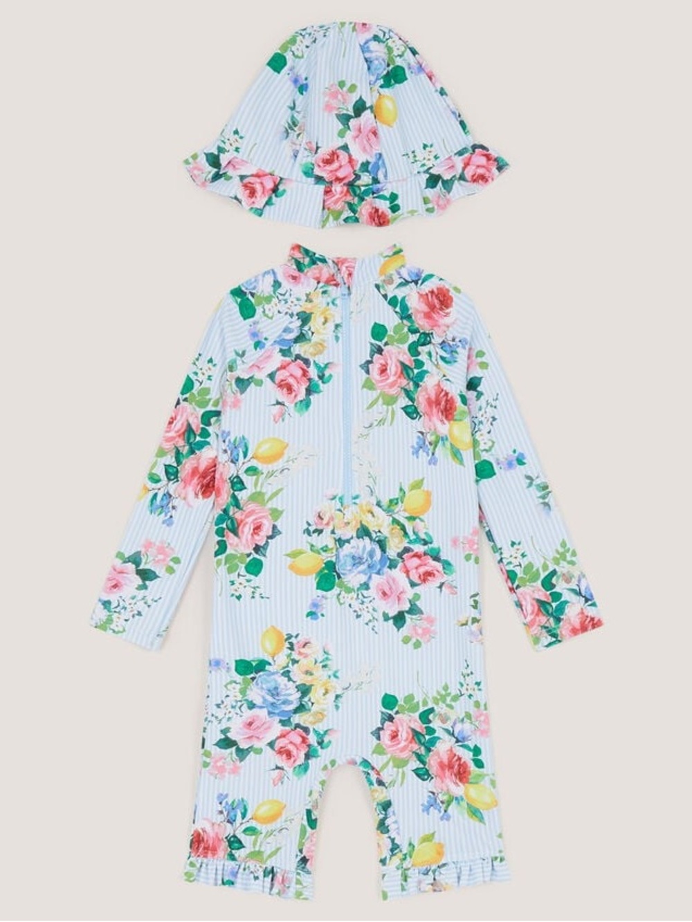 MONSOON floral stripe upf50+ swimsuit & sun hat blue